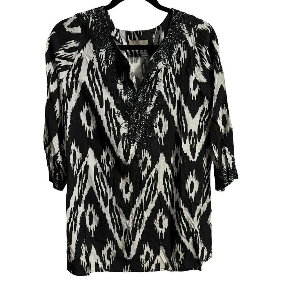 Joan Vass Black & White Peasant Boho 3/4 Rayon Blouse Shirt top M